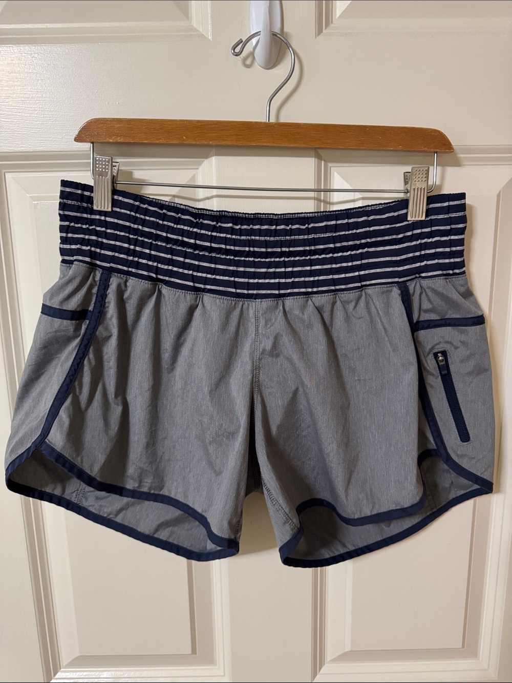 lululemon athletica Tracker Short II Light Gray Shorts with Navy Trim